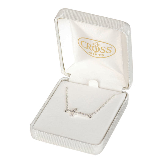 Sideways CZ Cross Necklace, 16" Chain
