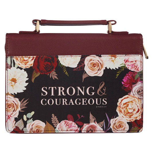 Strong and Courageous Merlot Bouquet Faux Leather Fashion Bible Cover – Joshua 1:9, Large