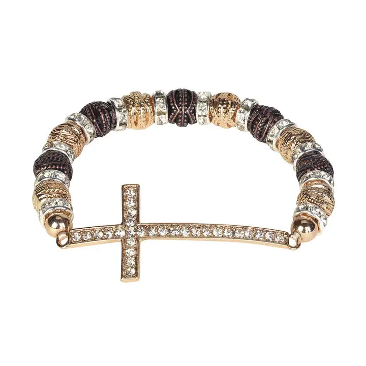 Bracelet Cz Cross with Beads Gld Plt