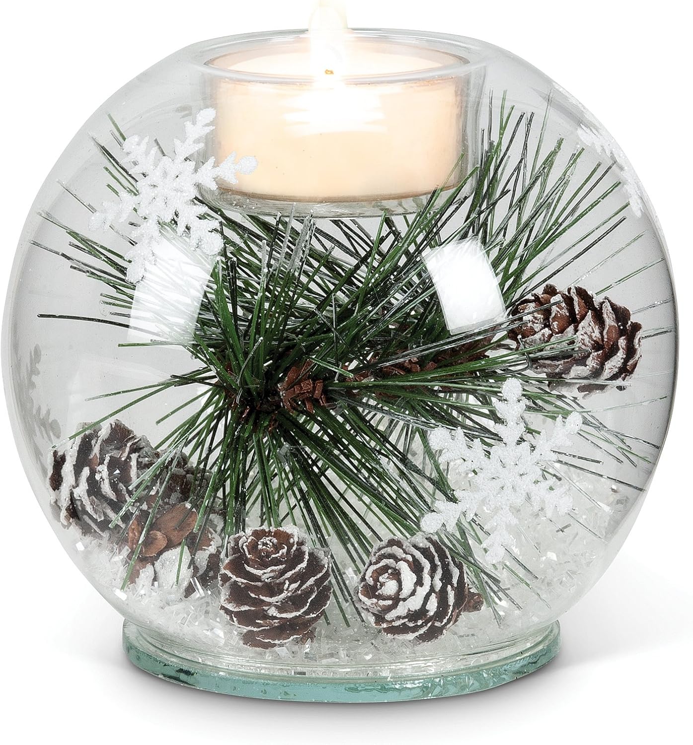 Glass Votive Holder with Pine Bough & Snow