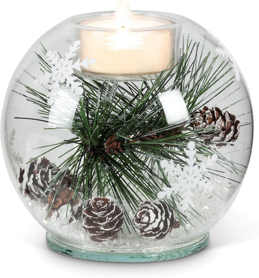 Glass Votive Holder with Pine Bough & Snow