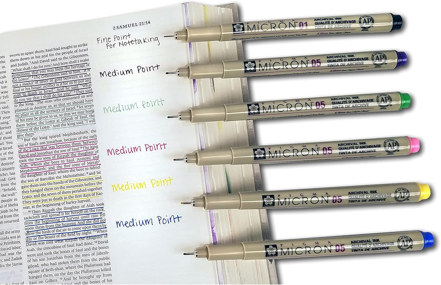 Pigma Micron 01 Fine & 05 Medium Point Bible Study Pen Kit | No Smearing or Fading | Bible Safe | Artist Pens | No Bleed Pigmented Ink (Set of 6)