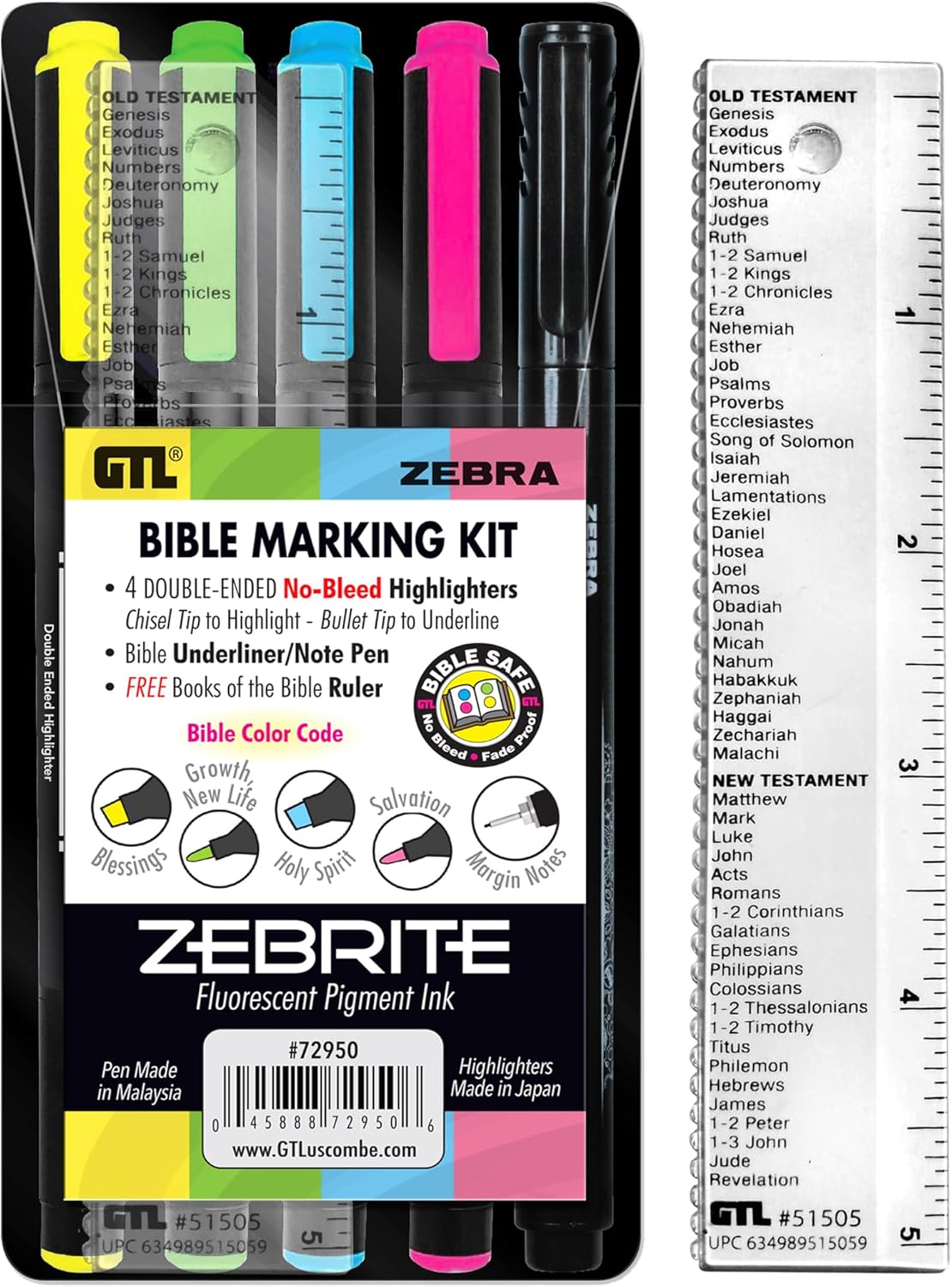 Zebrite Bible Marking Kit | No Bleed Pigmented Ink | No Fading or Smearing | Double Ended Highlighters, Note Pen & Books of the Bible Ruler/Bookmark (Set of 5 + Ruler)