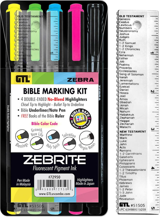 Zebrite Bible Marking Kit | No Bleed Pigmented Ink | No Fading or Smearing | Double Ended Highlighters, Note Pen & Books of the Bible Ruler/Bookmark (Set of 5 + Ruler)