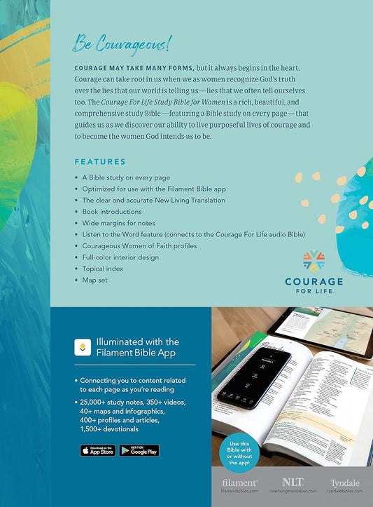 NLT Courage For Life Study Bible for Women, Filament Enabled (LeatherLike, Brushed Aqua Blue, Indexed)