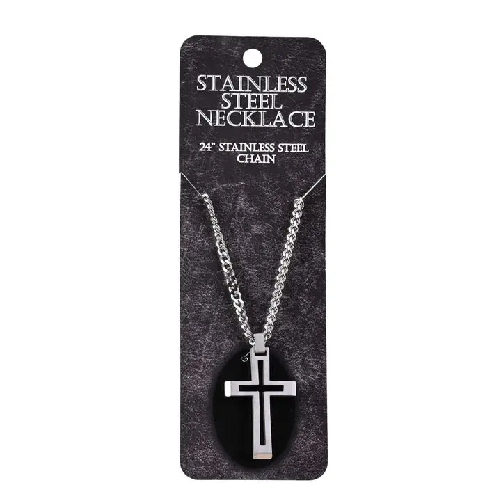 Necklace Mens Steel Cutout Cross 24H