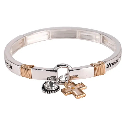 Two tone stretch bracelet with engraved mustard seed cross