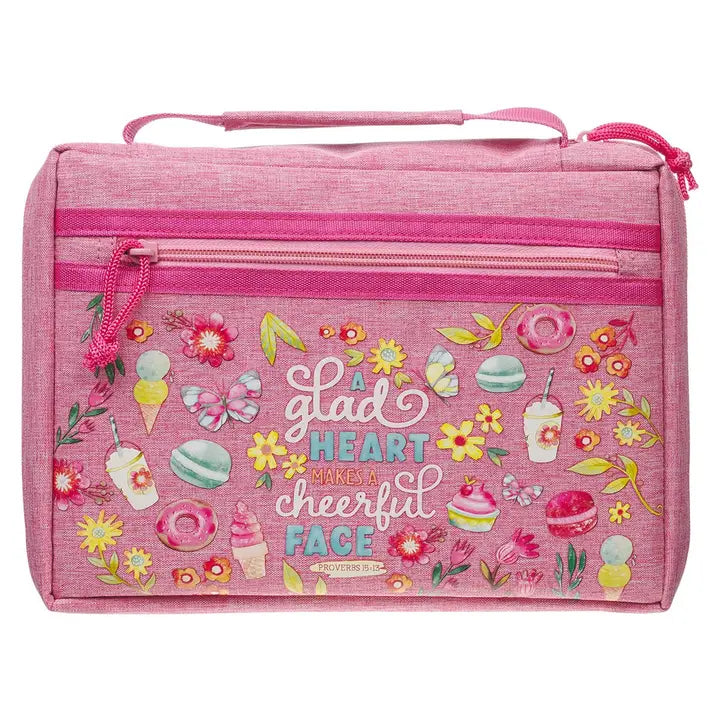 Bible Cover Fashion Pink A Glad Heart Makes Cheer Prov 15:13, Medium