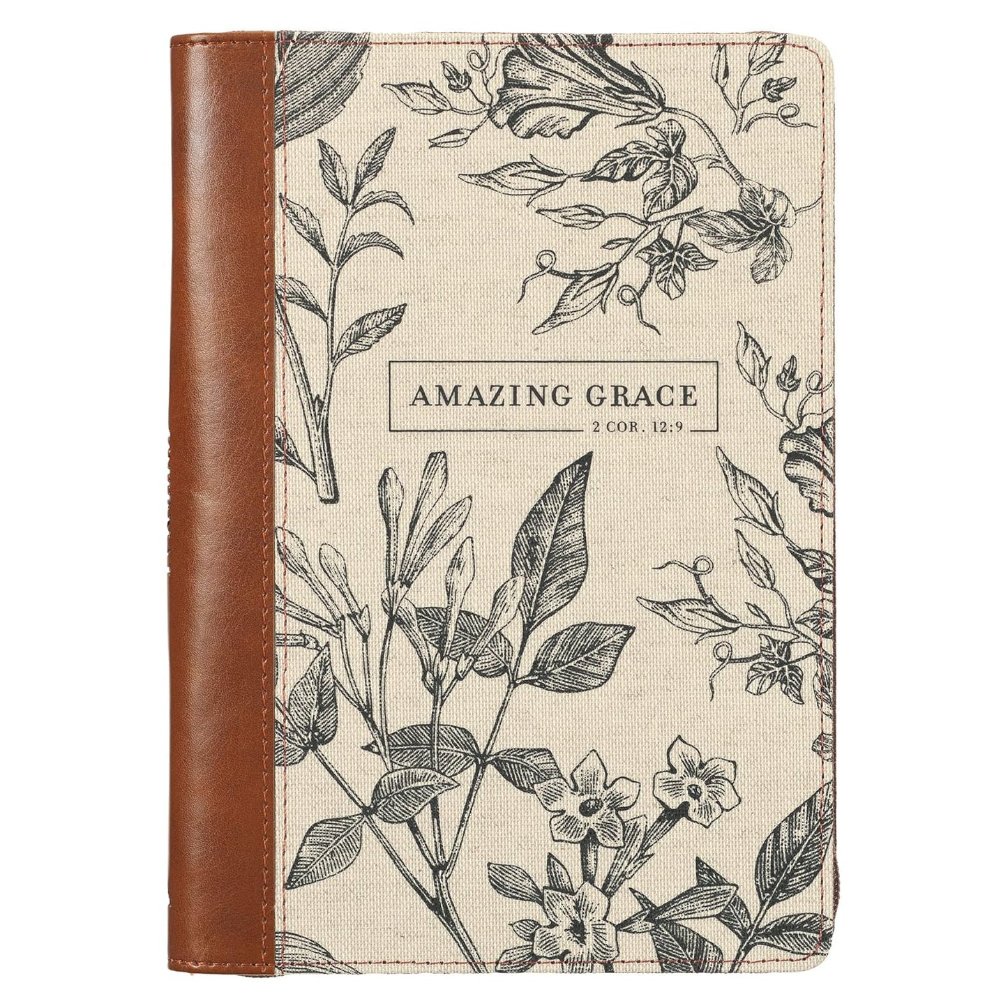 Amazing Grace Natural Canvas and Honey-brown Faux Leather Journal with Zipper Closure - 2 Corinthians 12:9