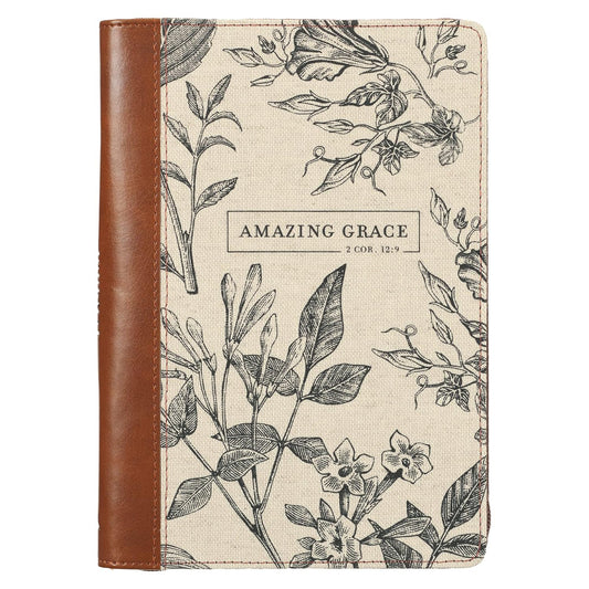 Amazing Grace Natural Canvas and Honey-brown Faux Leather Journal with Zipper Closure - 2 Corinthians 12:9