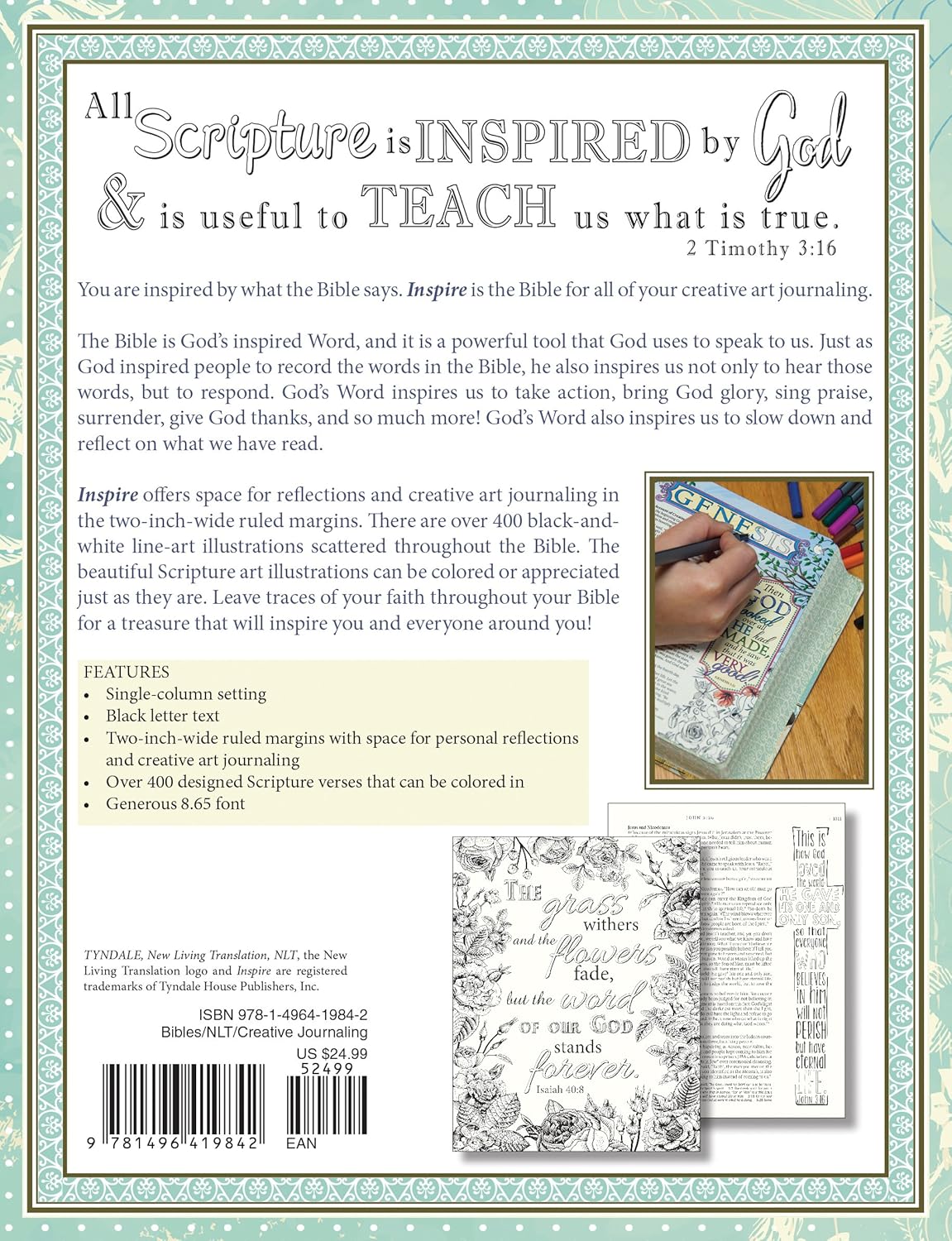 Tyndale NLT Inspire Bible, The Bible for Creative Journaling, Vintage Blue/Cream