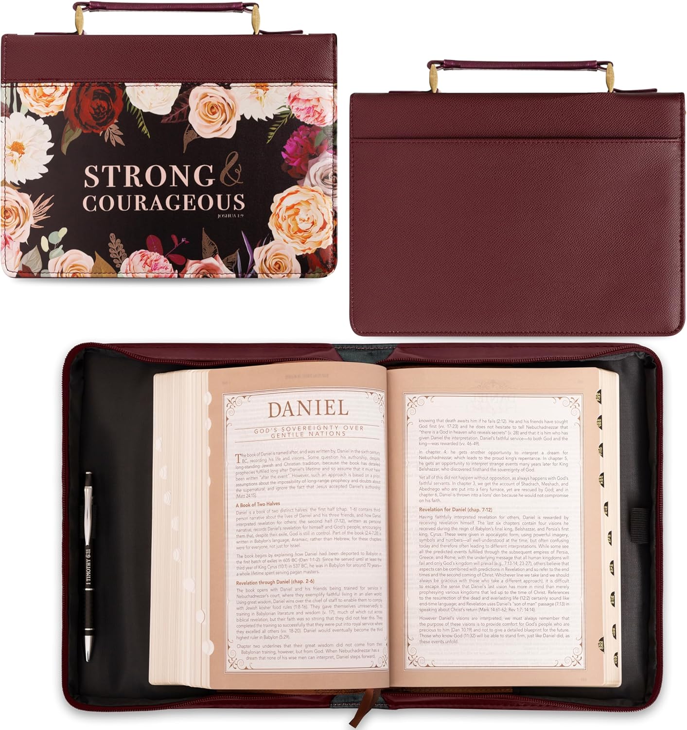 Strong and Courageous Merlot Bouquet Faux Leather Fashion Bible Cover – Joshua 1:9, Large