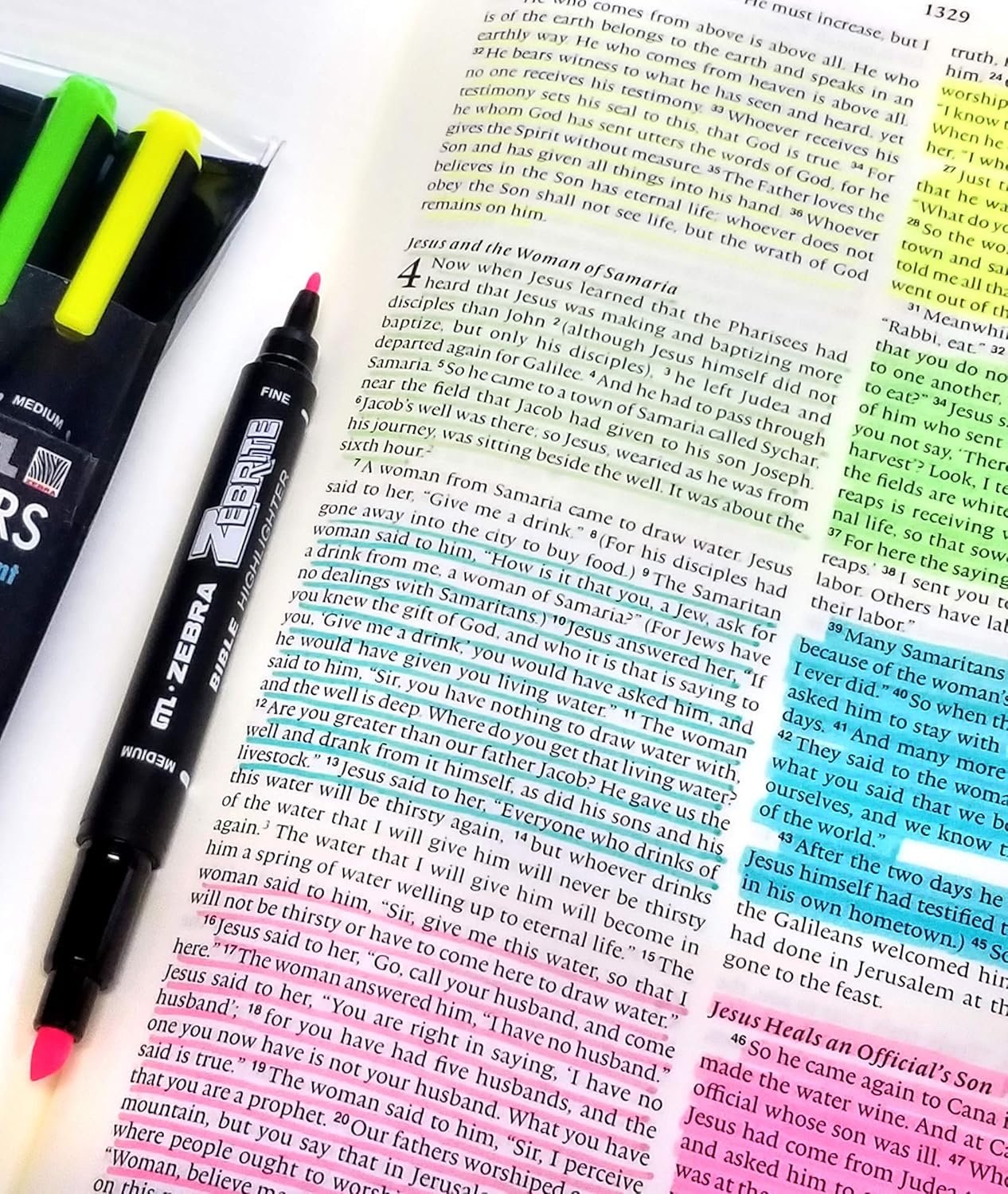Zebrite Bible Marking Kit | No Bleed Pigmented Ink | No Fading or Smearing | Double Ended Highlighters, Note Pen & Books of the Bible Ruler/Bookmark (Set of 5 + Ruler)