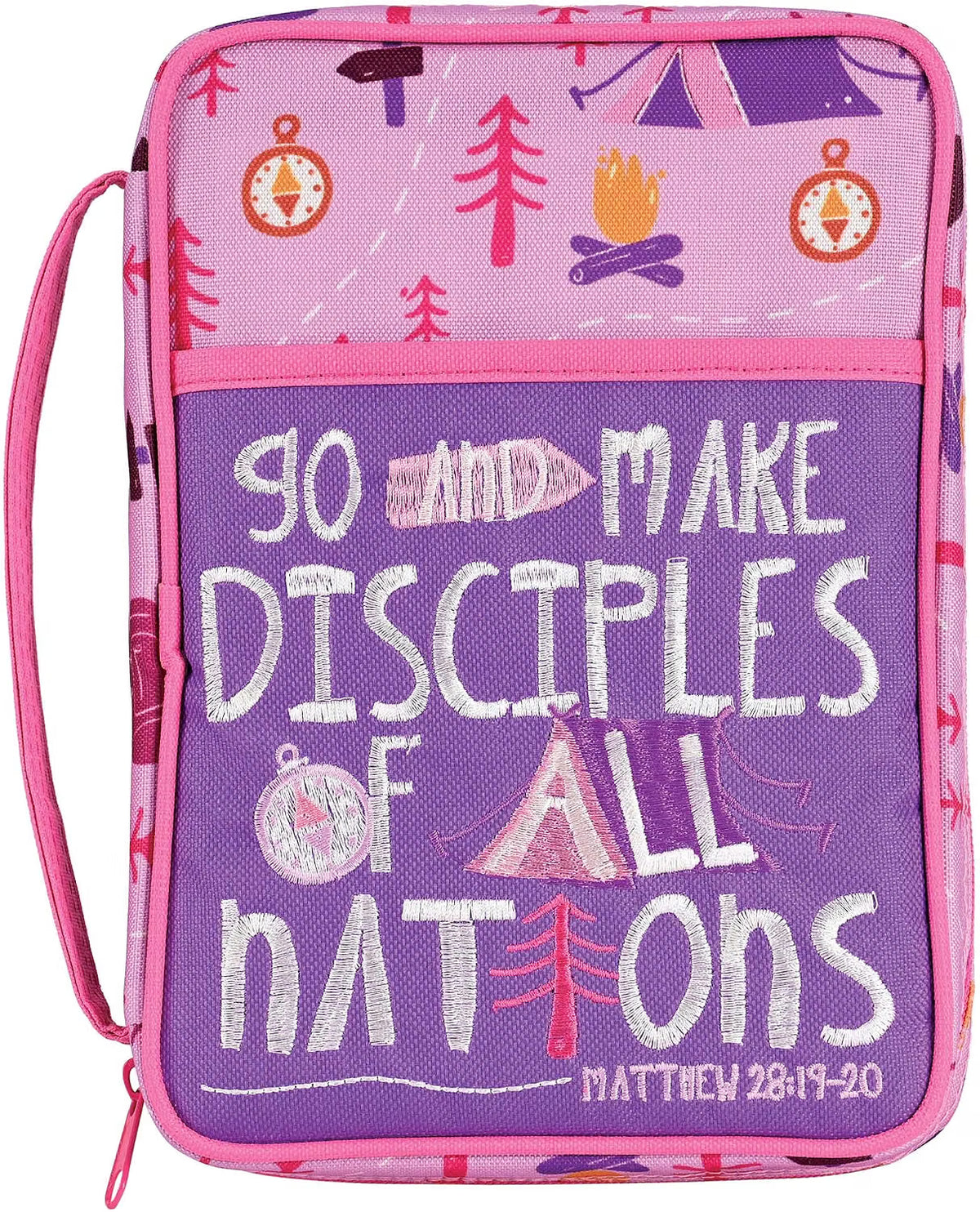 Girls Zippered Bible Cover, 9.5 x 7 Inch Denier Polyester Camping Go Make Disciples