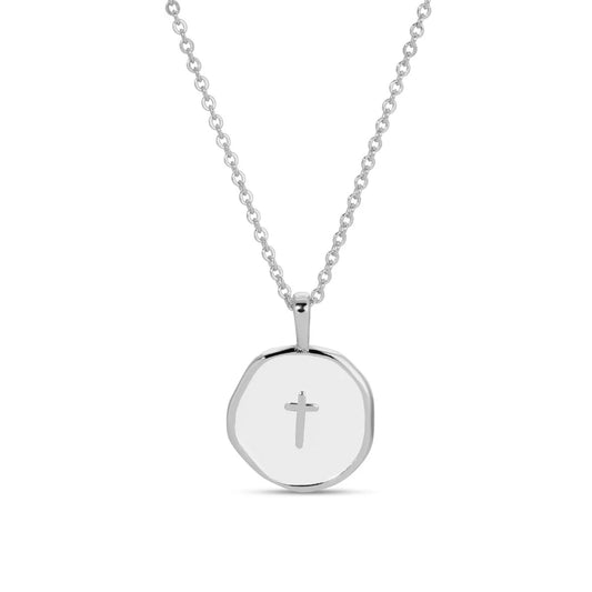 Necklace - Tiny cross white enamel pendant, silver