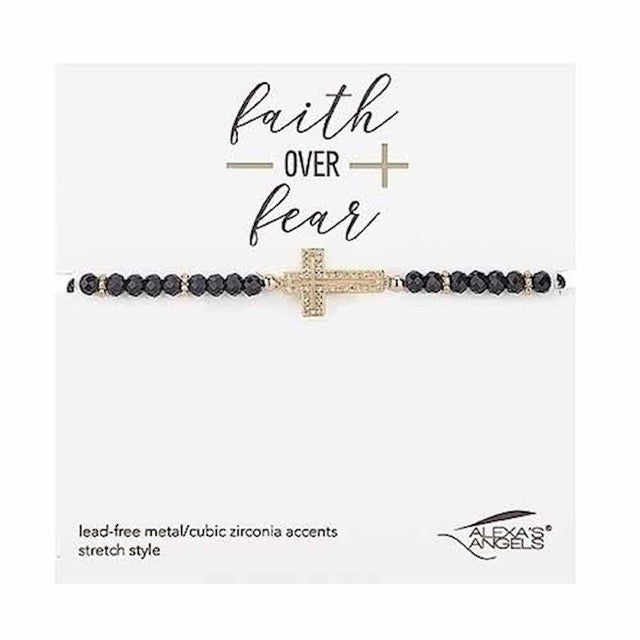 BRACELET-BLACK CROSS-GLASS-STRETCH