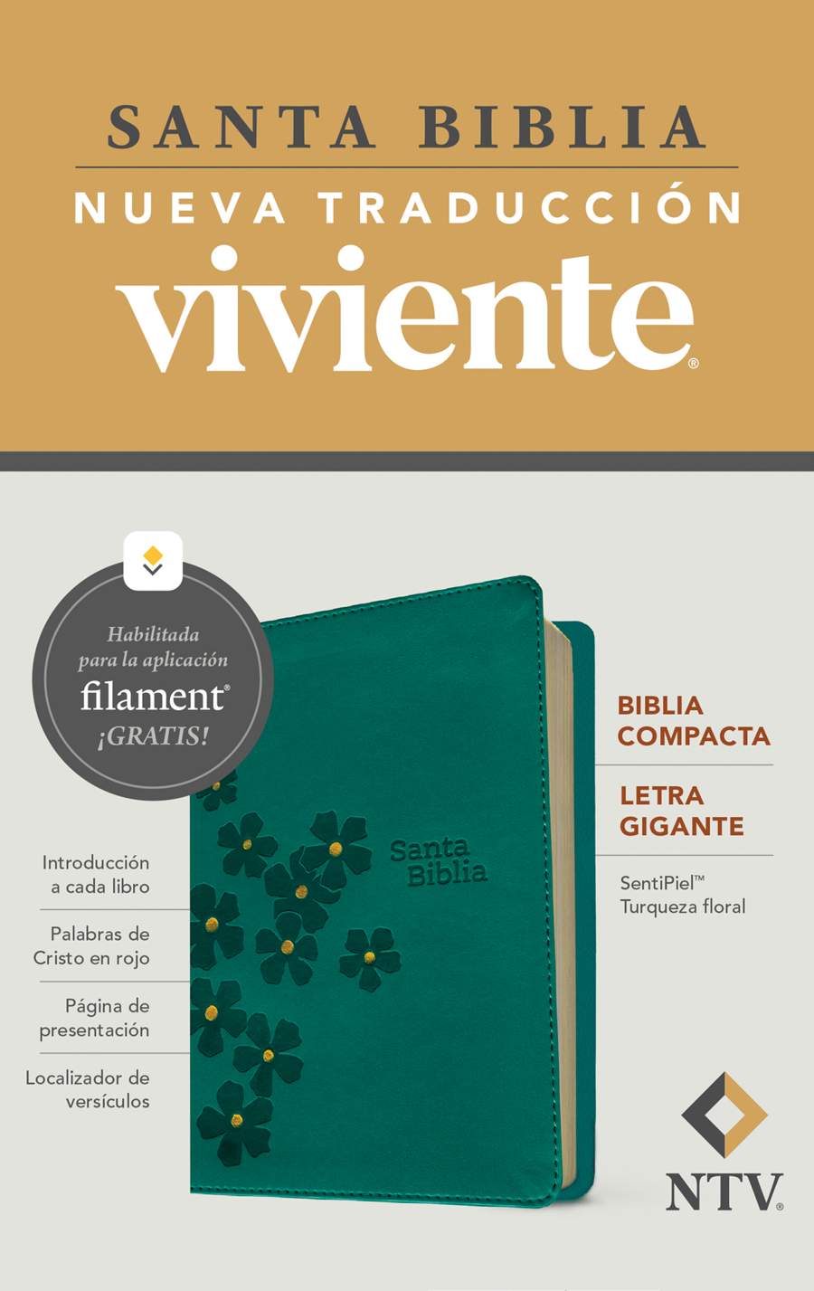 Biblia compacta NTV, Letra Gigante con Filament, LeatherLike, Teal Floral, Red Letter
