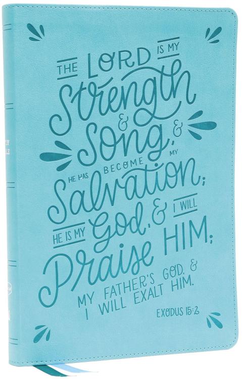NKJV, Thinline Large Print Bible, Verse Art Cover Collection, Leathersoft, Teal, Red Letter, Thumb Indexed, Comfort Print