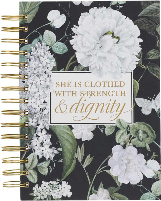 Clothed with Strength & Dignity White Floral Large Wirebound Journal - Proverbs 31:25