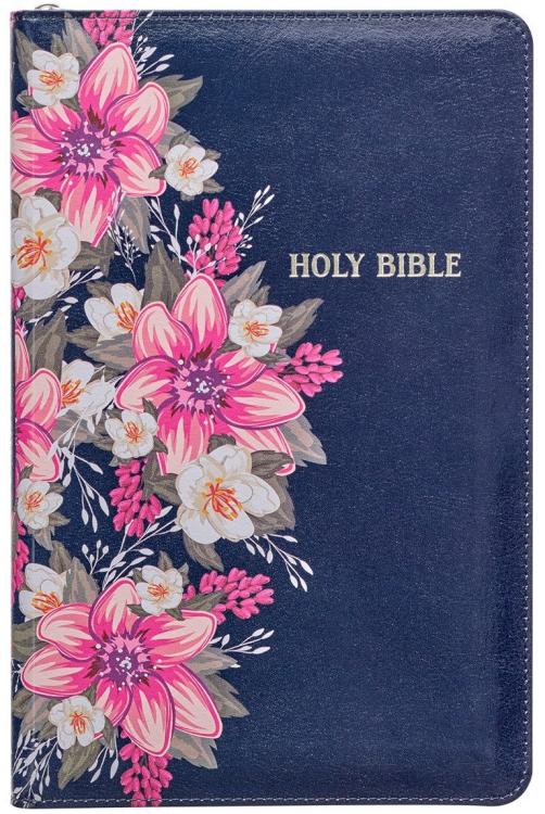 Floral Blue Faux Leather King James Version Deluxe Gift Bible with Thumb Index and Zippered Closure
