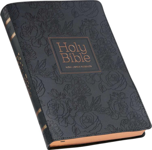 Floral Black Faux Leather Large Print Thinline King James Version Bible with Thumb Index