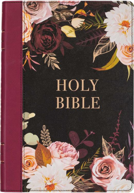 Black and Burgundy Floral Faux Leather Large Print Thinline King James Version Bible with Thumb Index