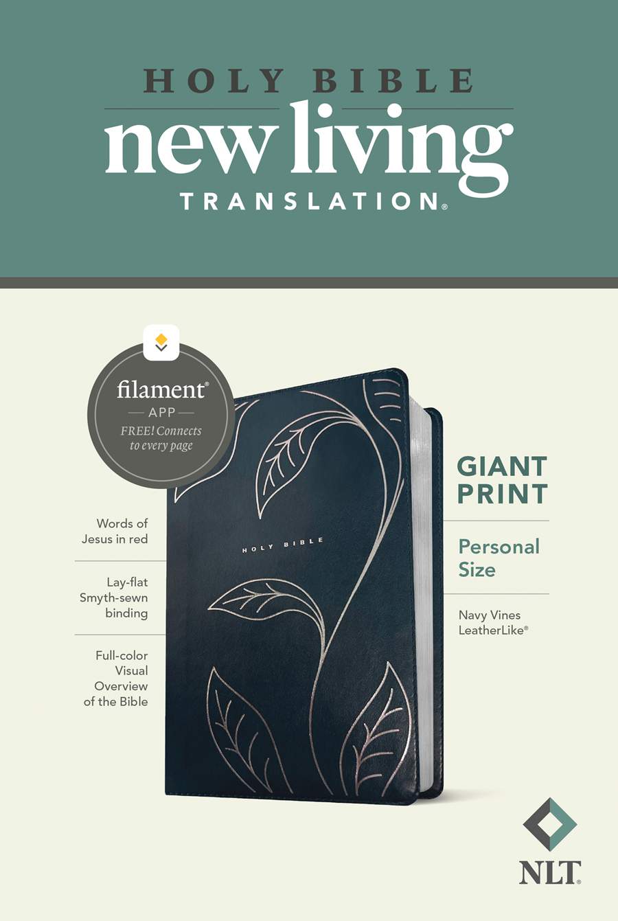 NLT Personal Size Giant Print Bible, Filament Enabled (LeatherLike, Navy Vines, Red Letter)