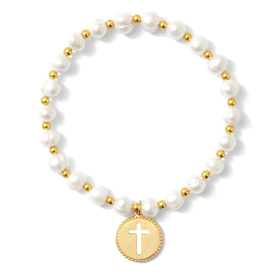 Pearl with Cross Bracelet, Gold