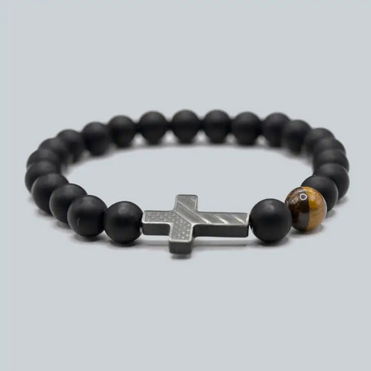 To My Dad Matte Black/Tiger Eye Stone Cross Stretch Bracelet