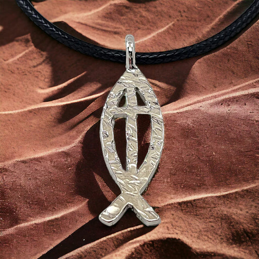 Ichthus Fish Cross Hammered Rhodium Metal Finish Necklace, Ball Chain