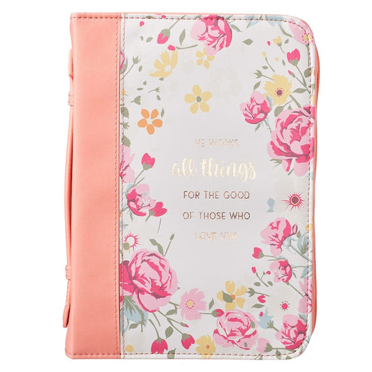 Bible Cover Fashion Peach/White Floral Printed All Things Rom. 8:28