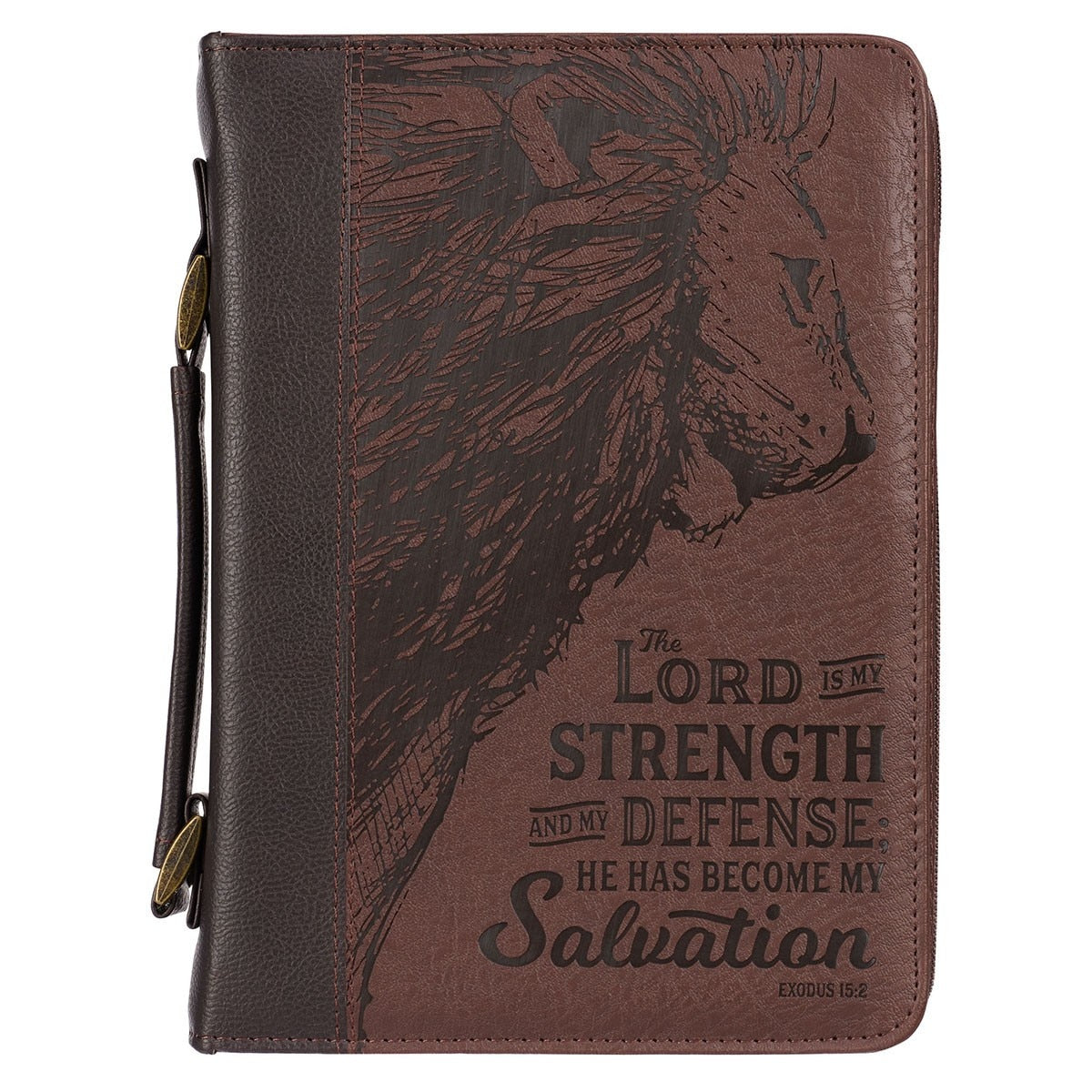 Strength and Defense Walnut-Brown Faux Leather Classic Bible Cover- Exodus 15:2 Large