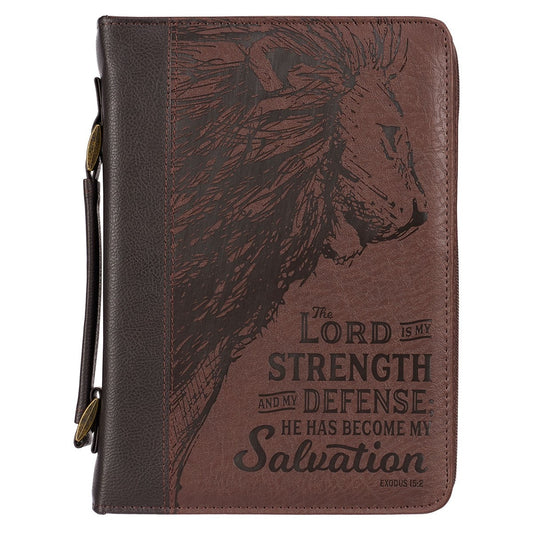 Strength and Defense Walnut-Brown Faux Leather Classic Bible Cover- Exodus 15:2 Large