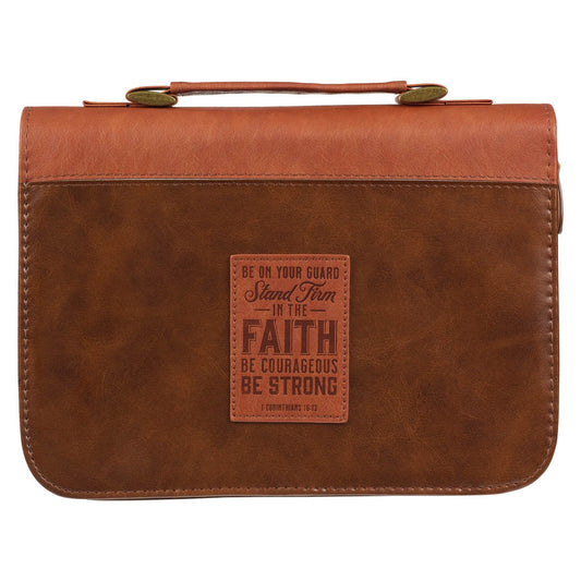 Stand Firm Two-tone Brown Faux Leather Classic Bible Cover - 1 Corinthians 16:13, Large