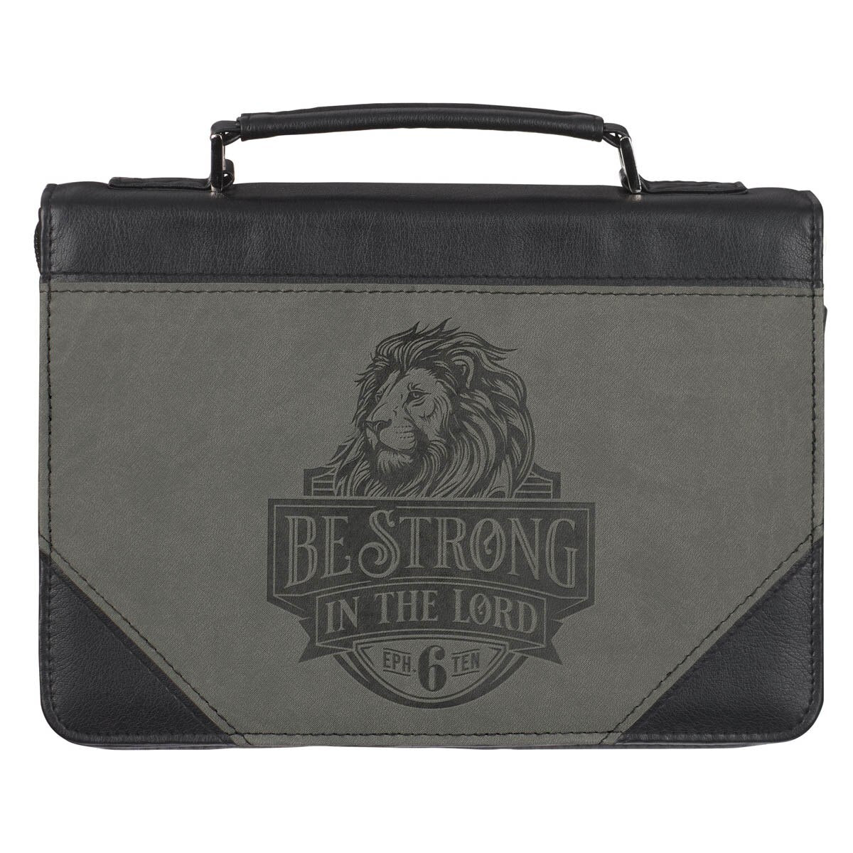 Be Strong in the Lord Black and Gray Lion Faux Leather Classic Bible Cover - Ephesians 6:10, Large