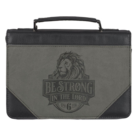 Be Strong in the Lord Black and Gray Lion Faux Leather Classic Bible Cover - Ephesians 6:10, Large
