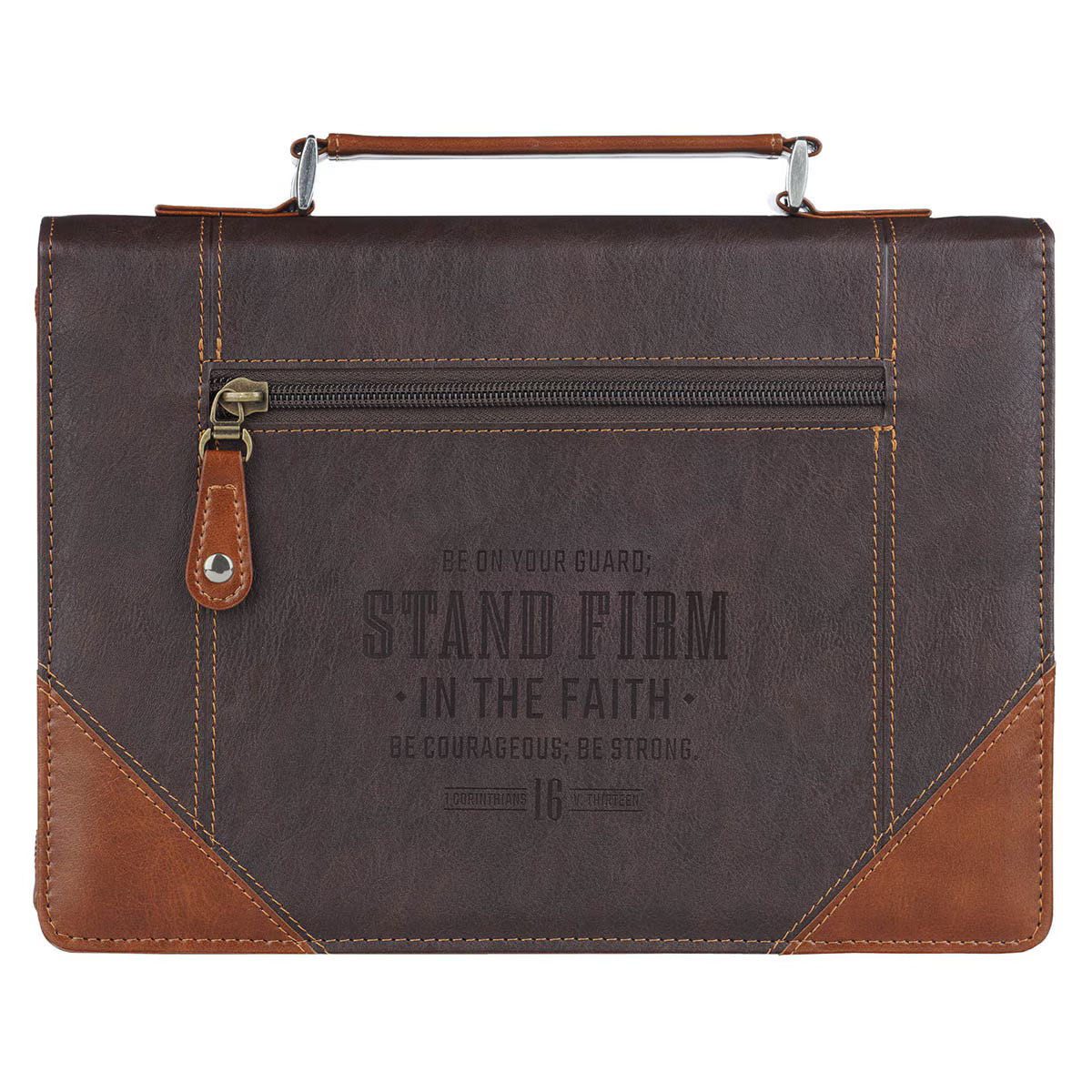 Stand Firm Espresso and Honey-brown Faux Leather Classic Bible Cover - 1 Corinthians 16:13, Large