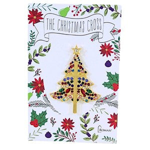 Christmas Cross Tree Pin, Metal, 18K Gold