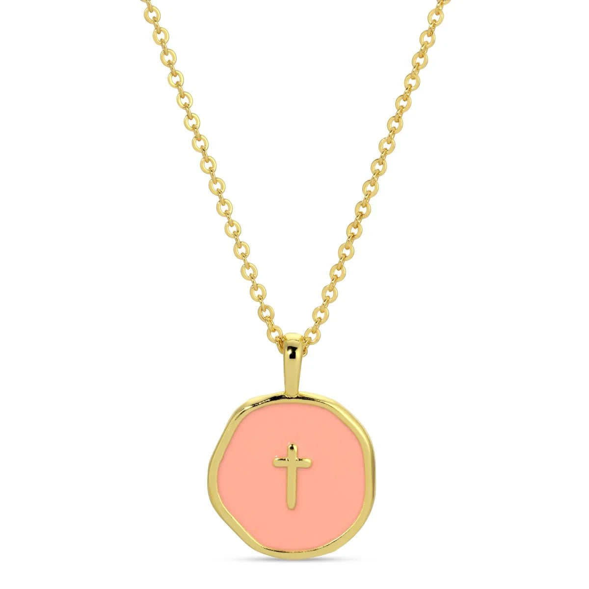 (Necklace - Tiny cross rose enamel pendant, Gold