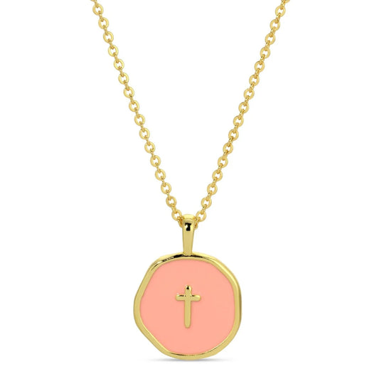 (Necklace - Tiny cross rose enamel pendant, Gold