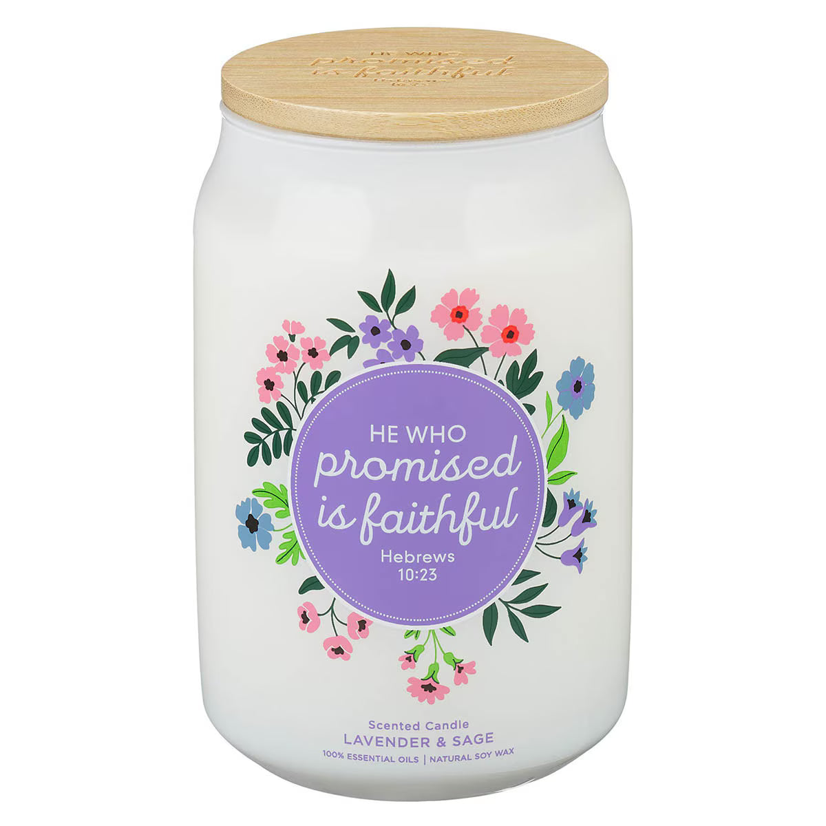 Glass Candle w/Bamboo Lid He Who Promised Is Faithful Heb. 10:23
