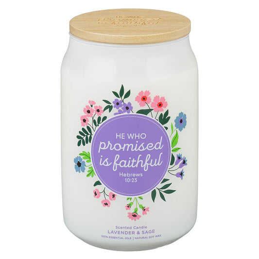 Glass Candle w/Bamboo Lid He Who Promised Is Faithful Heb. 10:23