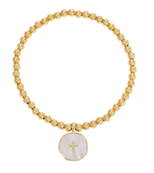 CROSS ACCENTED SHELL CHARM STRETCH BRACELET