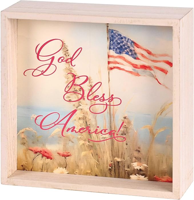 Double-Sided Patriotic Christian Tabletop Block Sign, 9.5 x 9.5 Inch Wood Frame Decor – American Flag Art and Blessed Is the Nation Whose God Is the Lord – Farmhouse Shelf Sitter