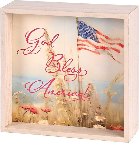 Double-Sided Patriotic Christian Tabletop Block Sign, 9.5 x 9.5 Inch Wood Frame Decor – American Flag Art and Blessed Is the Nation Whose God Is the Lord – Farmhouse Shelf Sitter