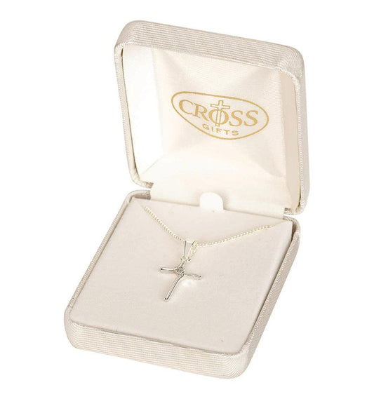 Curved Cross with CZ Stone Necklace, 16" Chain