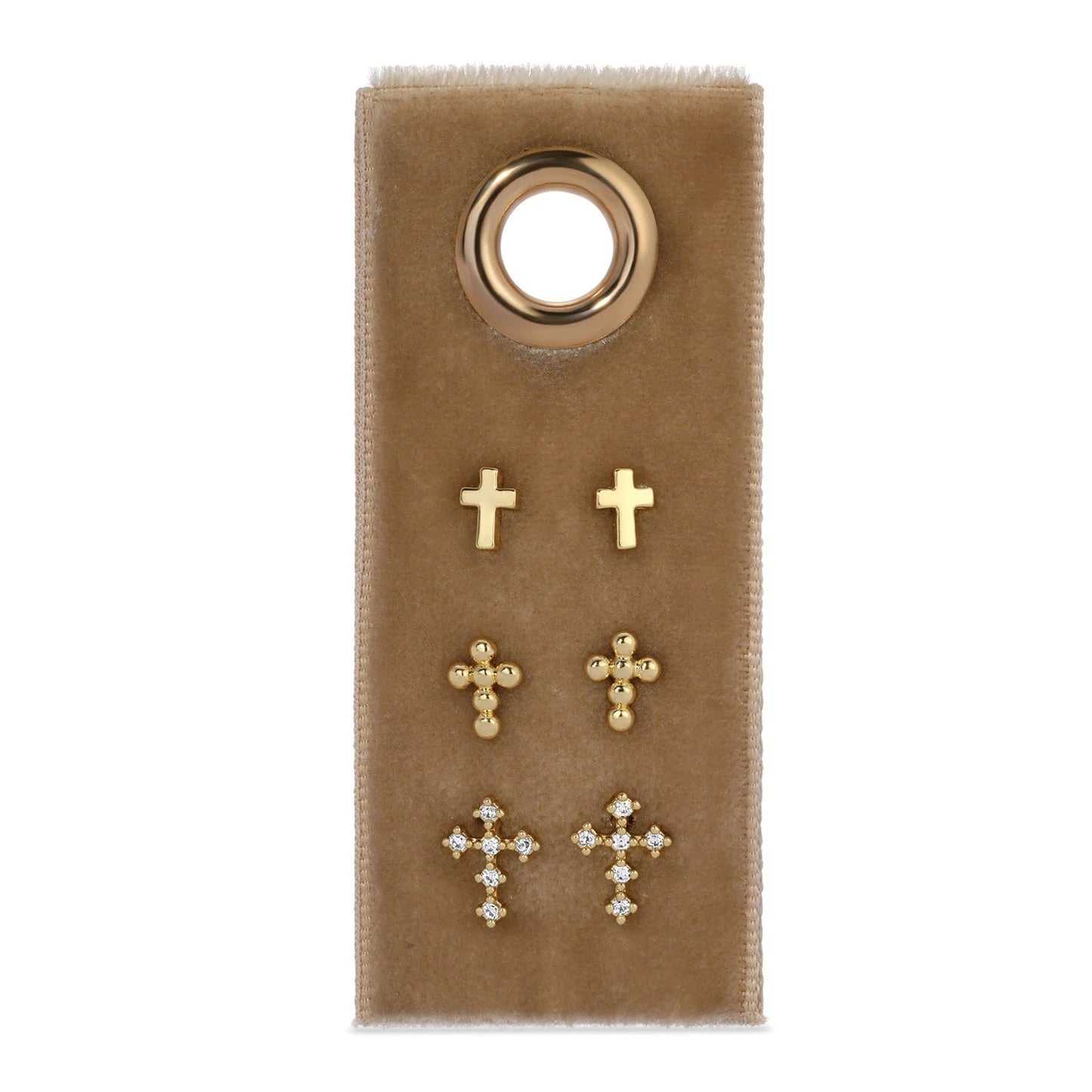 Earrings - Velvet Gift Stud Set- Cubic Zirconia Cross, Ball Cross, Plain Cross- Gold