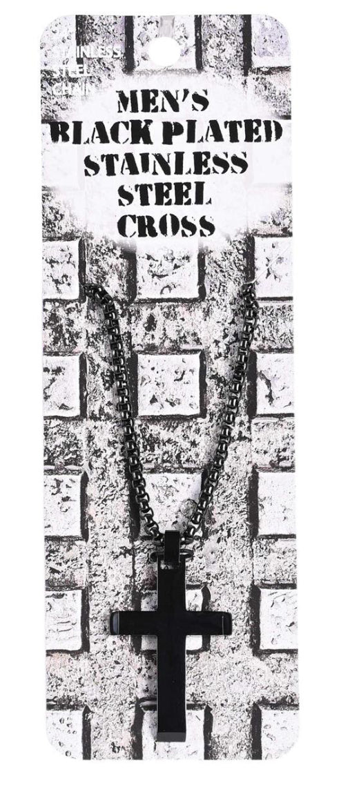 Necklace Black Cross 24in Pearl Chain