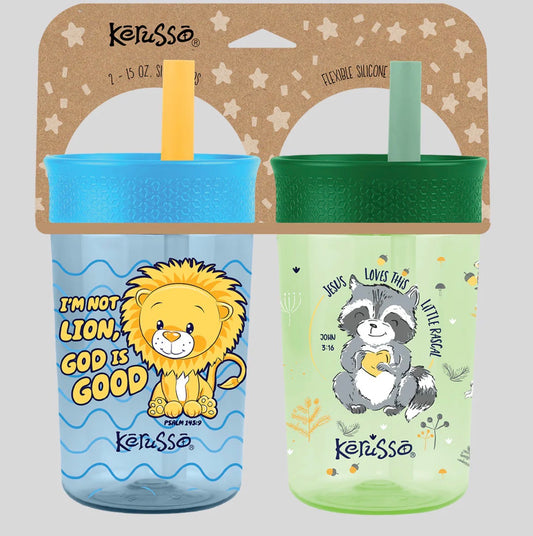 Kerusso 15 oz Silicone Straw Cup Raccoon & Lion (2 Pack)