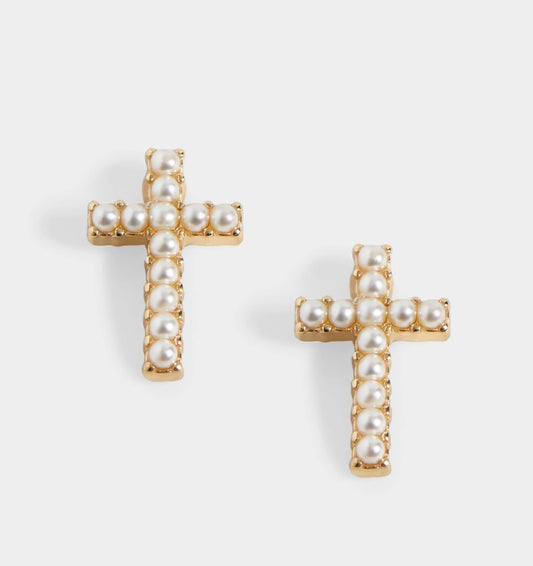 SMALL CROSS W/ PEARLS STUD EARRINGS - GOLD